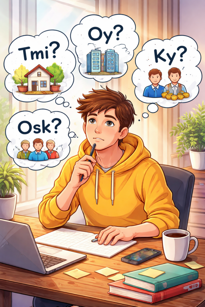 Oy, Ky, Tmi, Osk. Kuvituskuva henkilöstä miettimässä sopivaa yritysmuotoa.