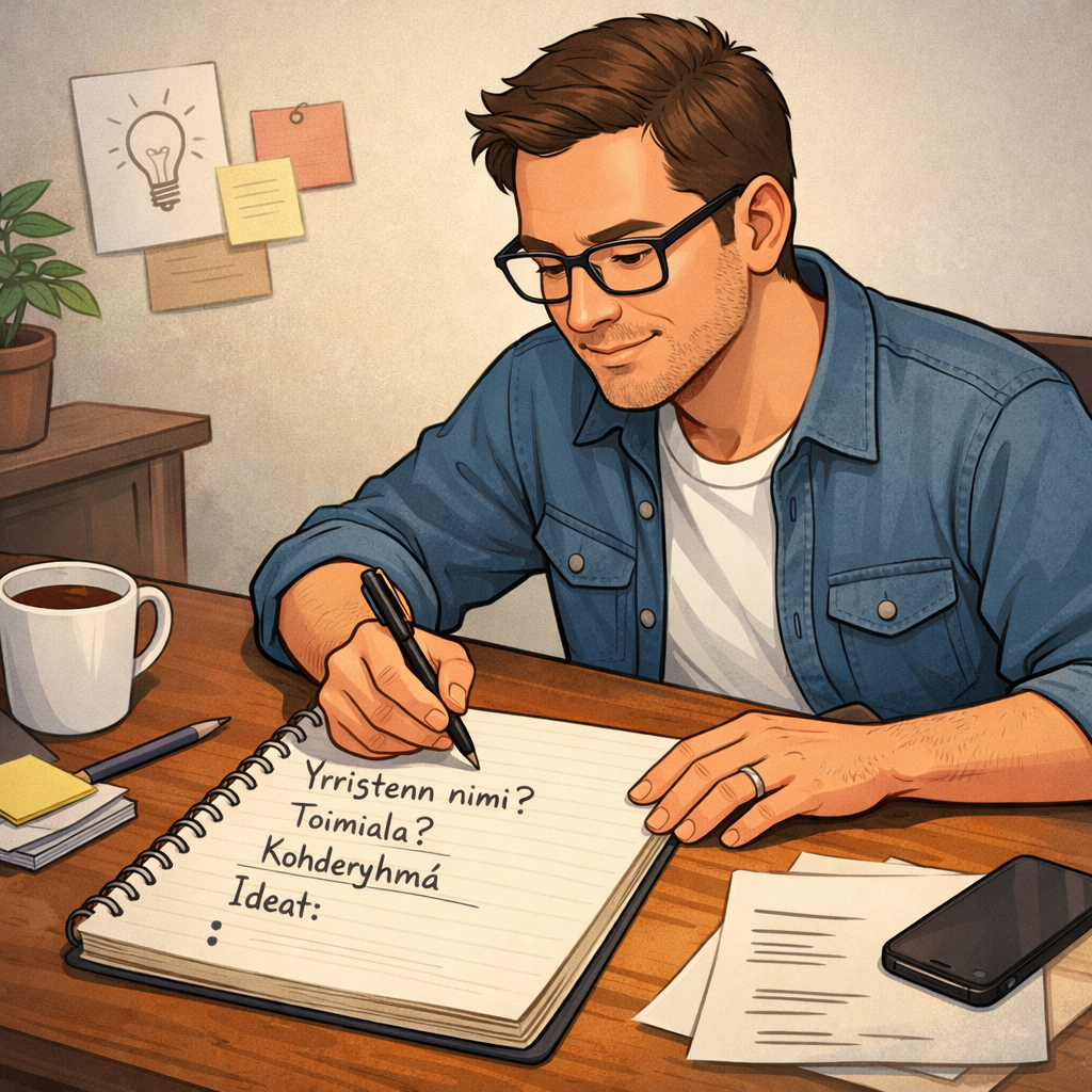 Hahmo miettimässä tarvittavia tietoja yrityksen perustamista varten.