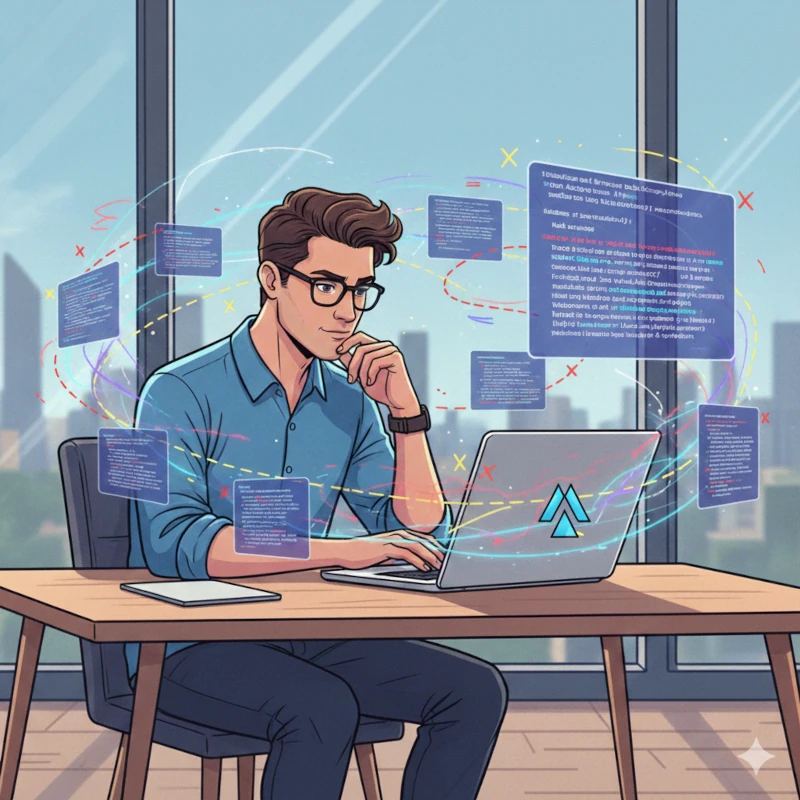 Kuvituskuva. Datan analysointi ja virheiden etsiminen tekstistä tai koodista tekoälyn avulla.